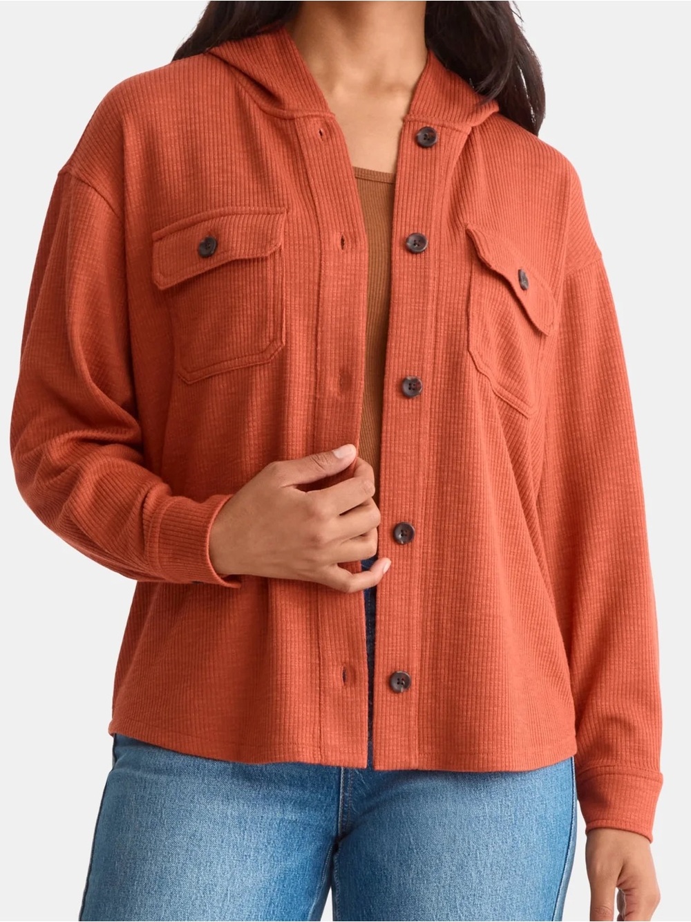 Rust Button-Front Hooded Jacket